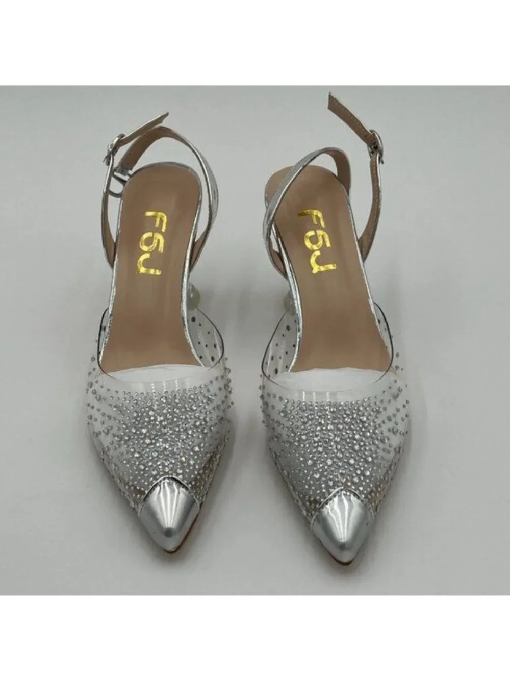 FSJ Silver Crystal Studded Clear Sparkle Rhinestones Clear Heel Slingback Shoes